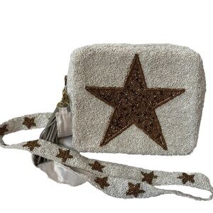 Tiana Beaded White with Gold Star Beaded Bag with Cross Body Strap